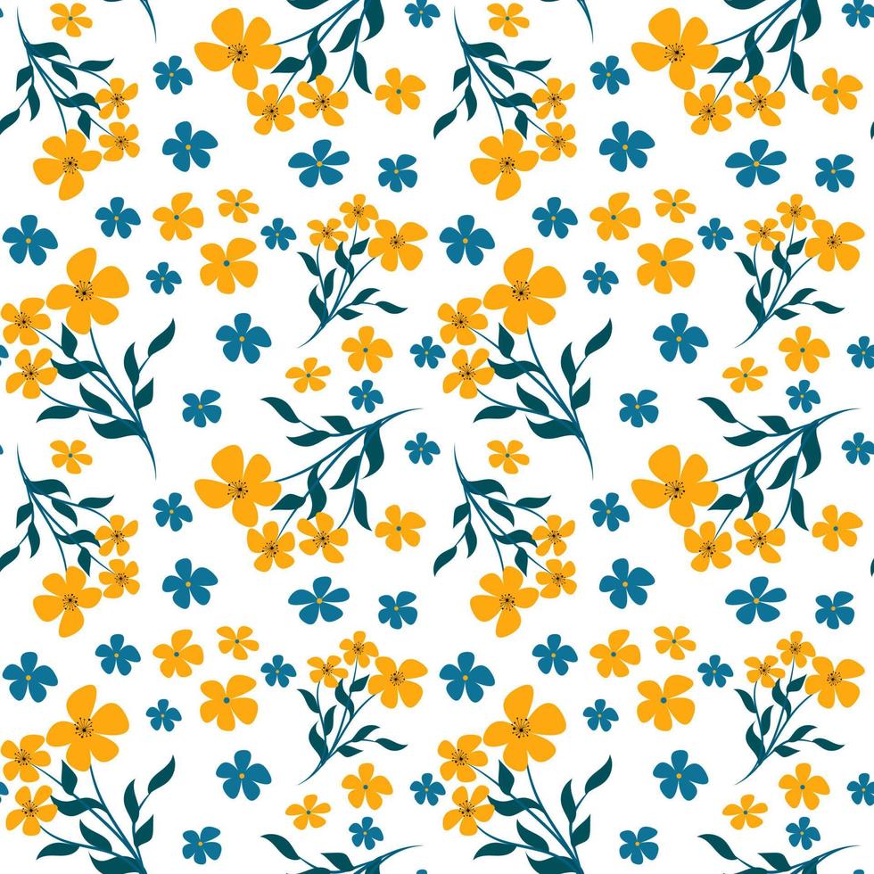 Trendy seamless vector floral pattern. Endless print of small yellow and blue flowers. Summer and spring motives. White background. Stock vector illustration