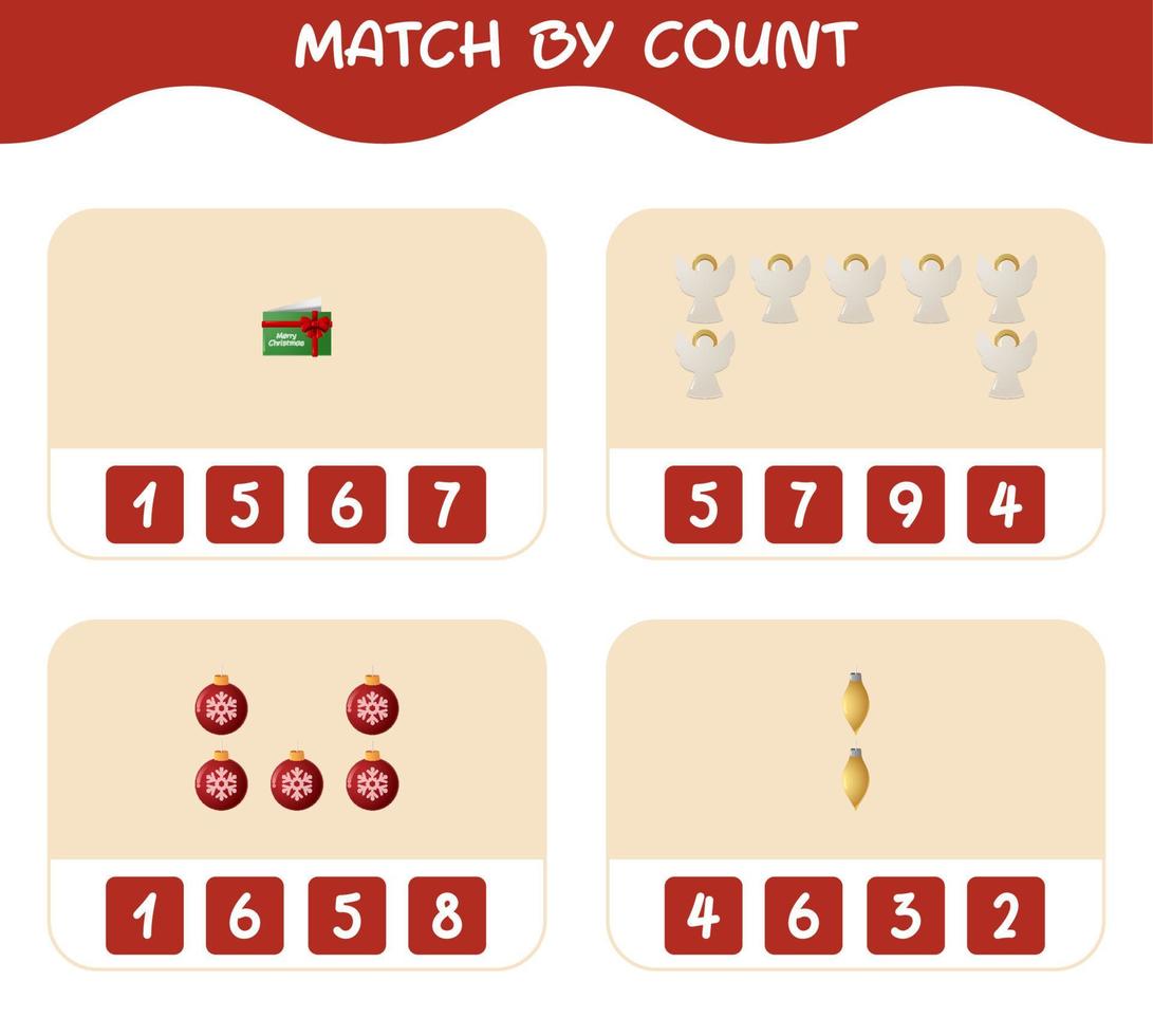 Match by count of cartoon christmas. . Match and count game. Educational game for pre shool years kids and toddlers vector