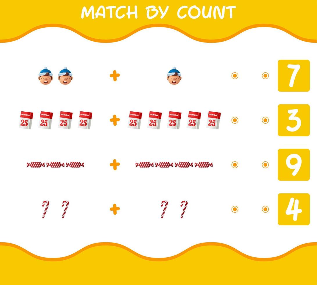 Match by count of cartoon christmas. . Match and count game. Educational game for pre shool years kids and toddlers vector