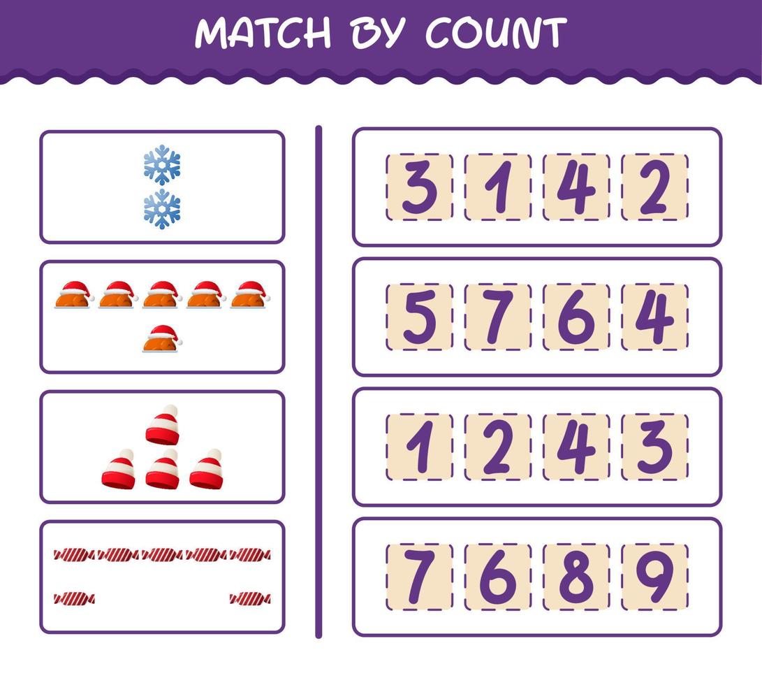 Match by count of cartoon christmas. . Match and count game. Educational game for pre shool years kids and toddlers vector