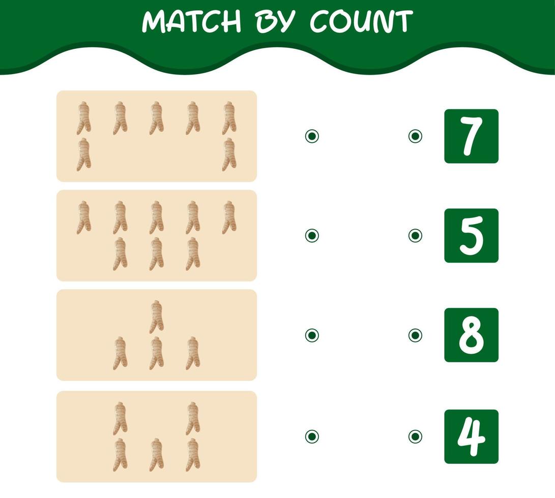 Match by count of cartoon ginseng. Match and count game. Educational game for pre shool years kids and toddlers vector