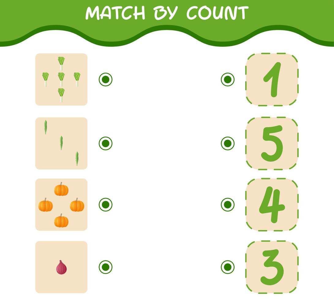 Match by count of cartoon vegetables. Match and count game. Educational game for pre shool years kids and toddlers vector