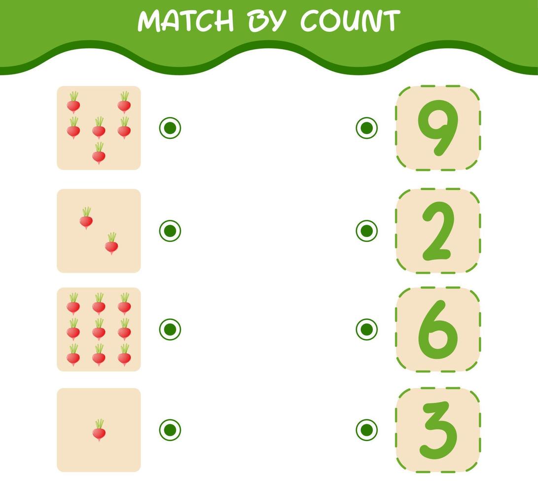 Match by count of cartoon radish. Match and count game. Educational game for pre shool years kids and toddlers vector
