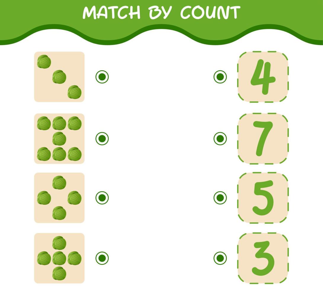 Match by count of cartoon green cabbage. Match and count game. Educational game for pre shool years kids and toddlers vector
