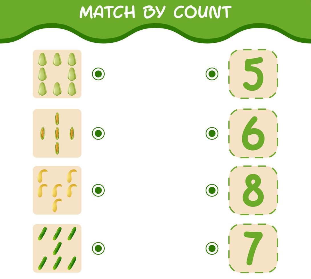 Match by count of cartoon vegetables. Match and count game. Educational game for pre shool years kids and toddlers vector
