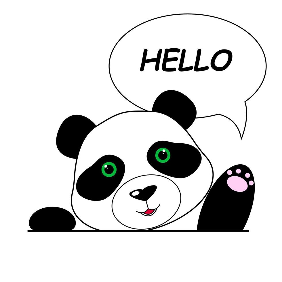 Cute panda welcomes with a paw. The panda is waving its paw. Vector illustration isolated on white background