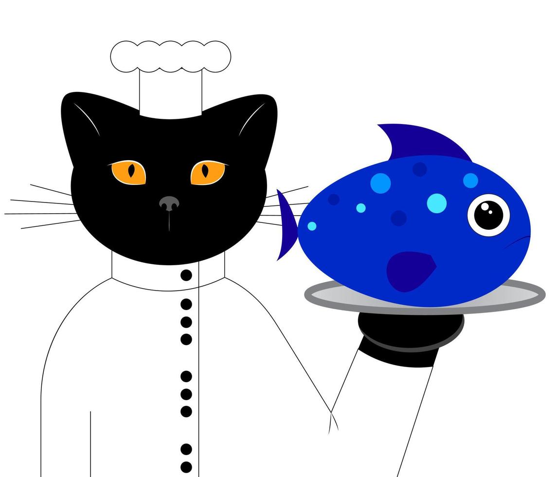 Cute black cat cook carries fish on a tray. Cartoon character. Print. Vector illustration isolated on white background