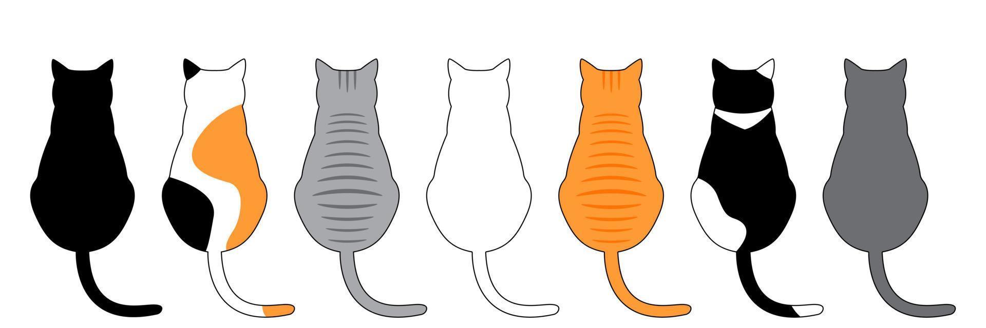 conjunto de gatos de diferentes razas y colores. ilustración de gatos desde atrás. diseño, icono, logo, fondo, postal. ilustración vectorial aislado sobre fondo blanco vector