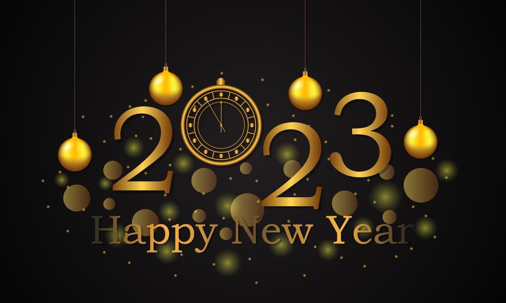 Happy New Year 2023. New Year Shining background with gold clock and glitter. Festive banner, greeting card. Vector illustration