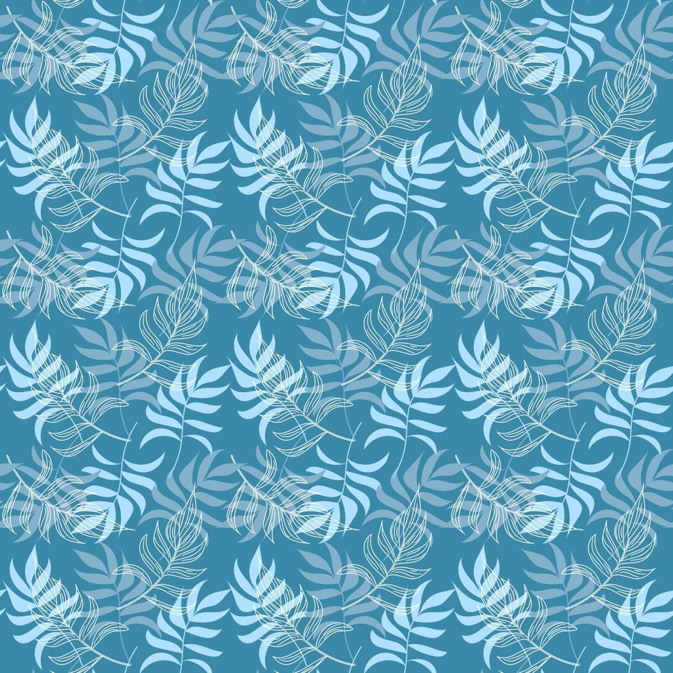 Abstract tropical foliage background in pastel blue colors. Palm leaves line art seamless pattern. Creative tropics illustration for swimwear design, wallpaper, textile. Vector art