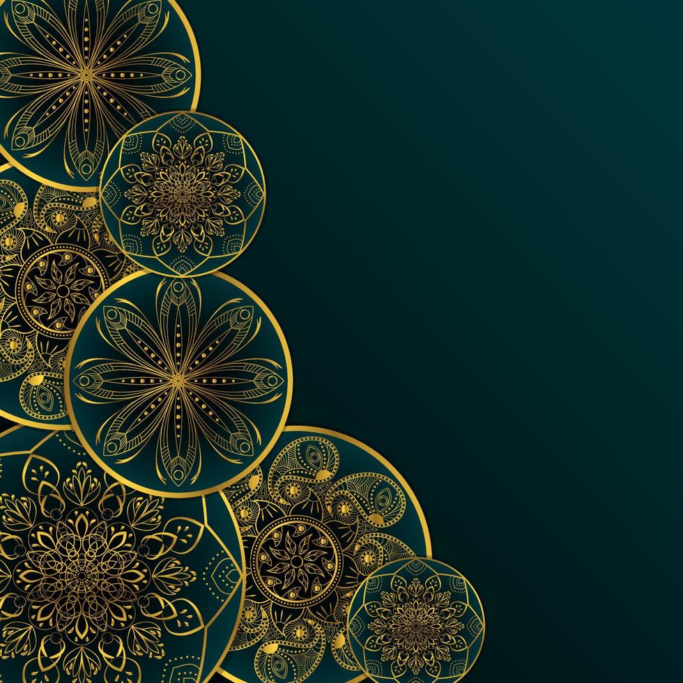 The chic background is decorated with golden Islamic mandalas. Blank for invitation or postcard with place for text. Vector illustration