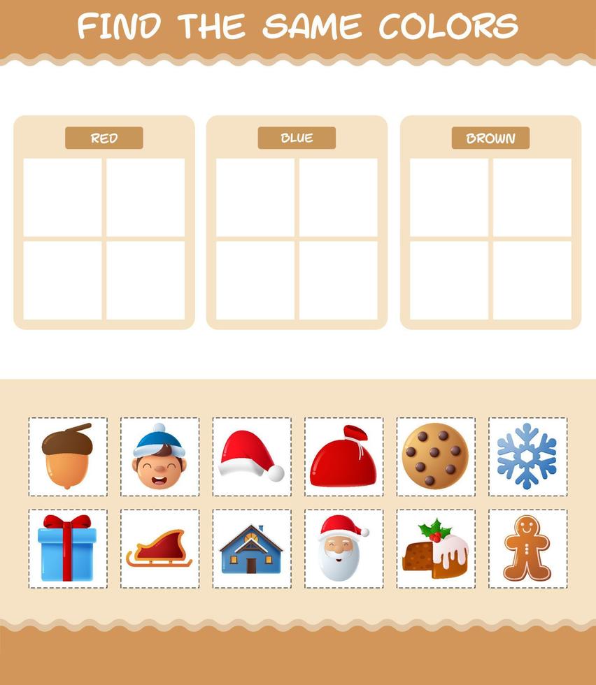 encontrar los mismos colores de navidad. juego de búsqueda y combinación. juego educativo para niños de edad preescolar y niños pequeños vector