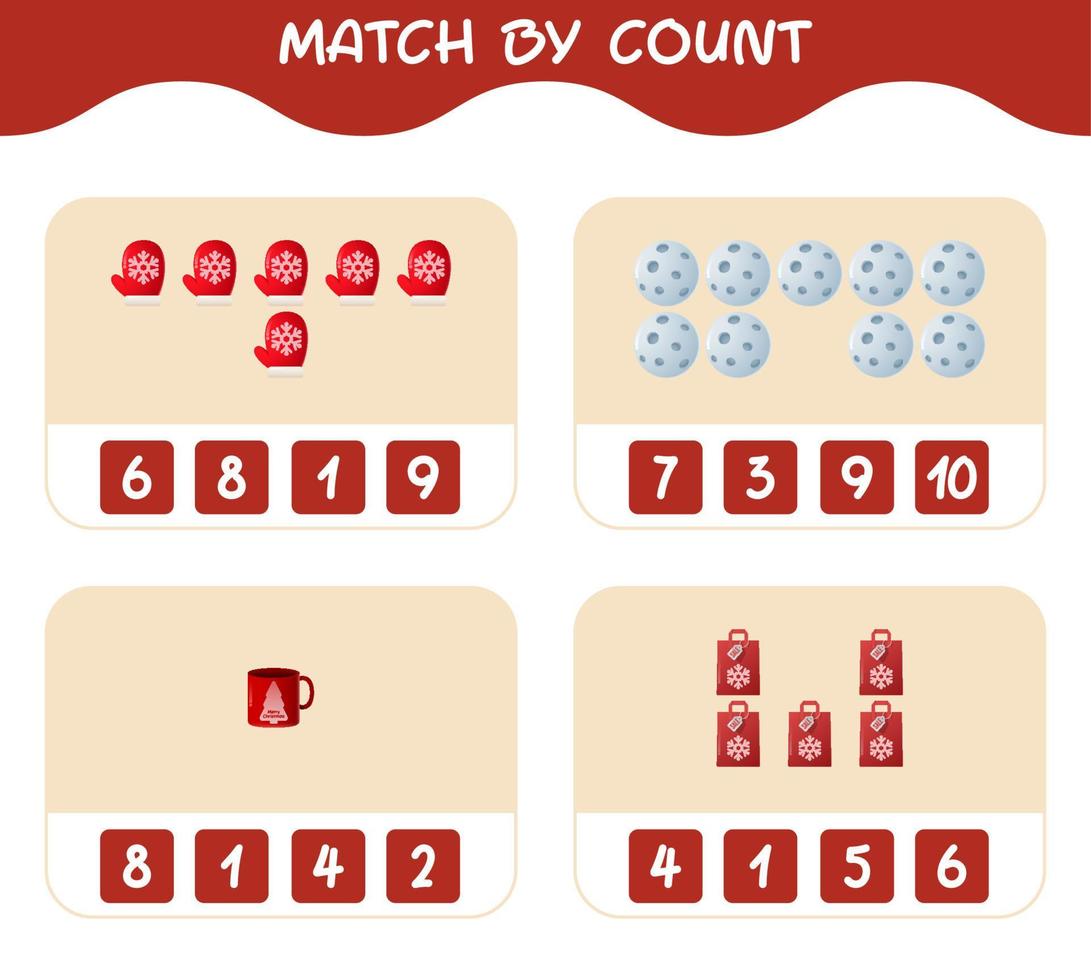 Match by count of cartoon christmas. . Match and count game. Educational game for pre shool years kids and toddlers vector