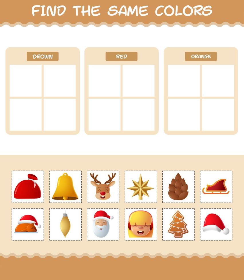 encontrar los mismos colores de navidad. juego de búsqueda y combinación. juego educativo para niños de edad preescolar y niños pequeños vector