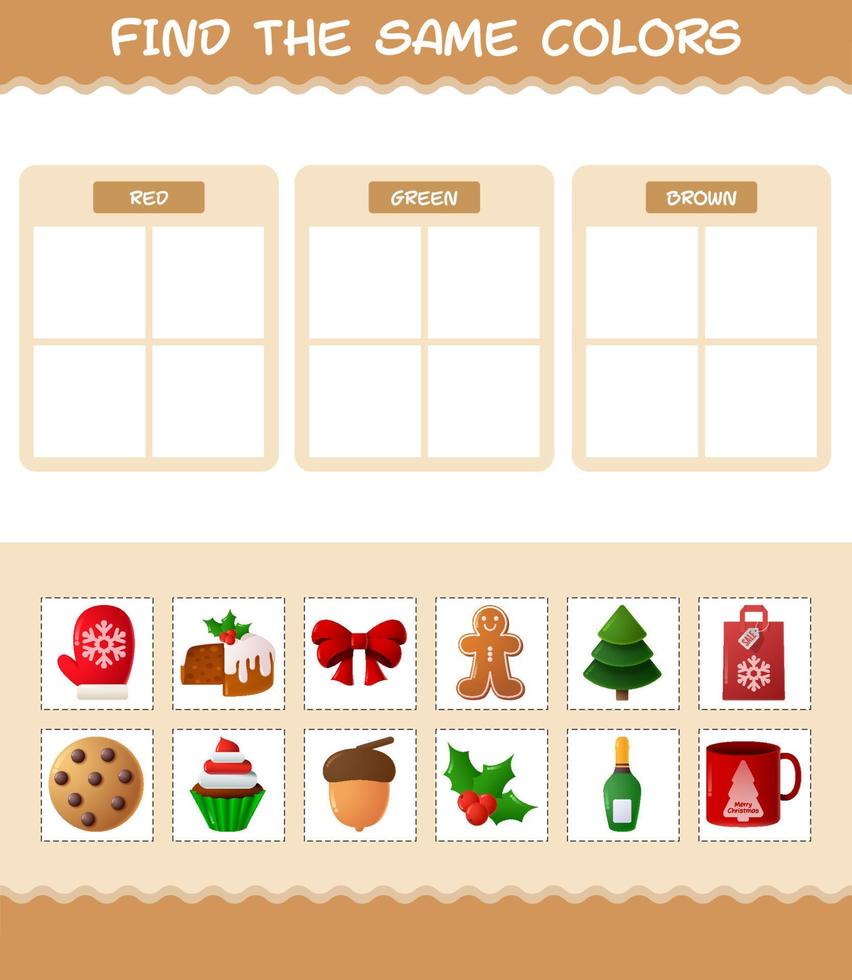 Find the same colors of christmas. Searching and Matching game. Educational game for pre shool years kids and toddlers vector