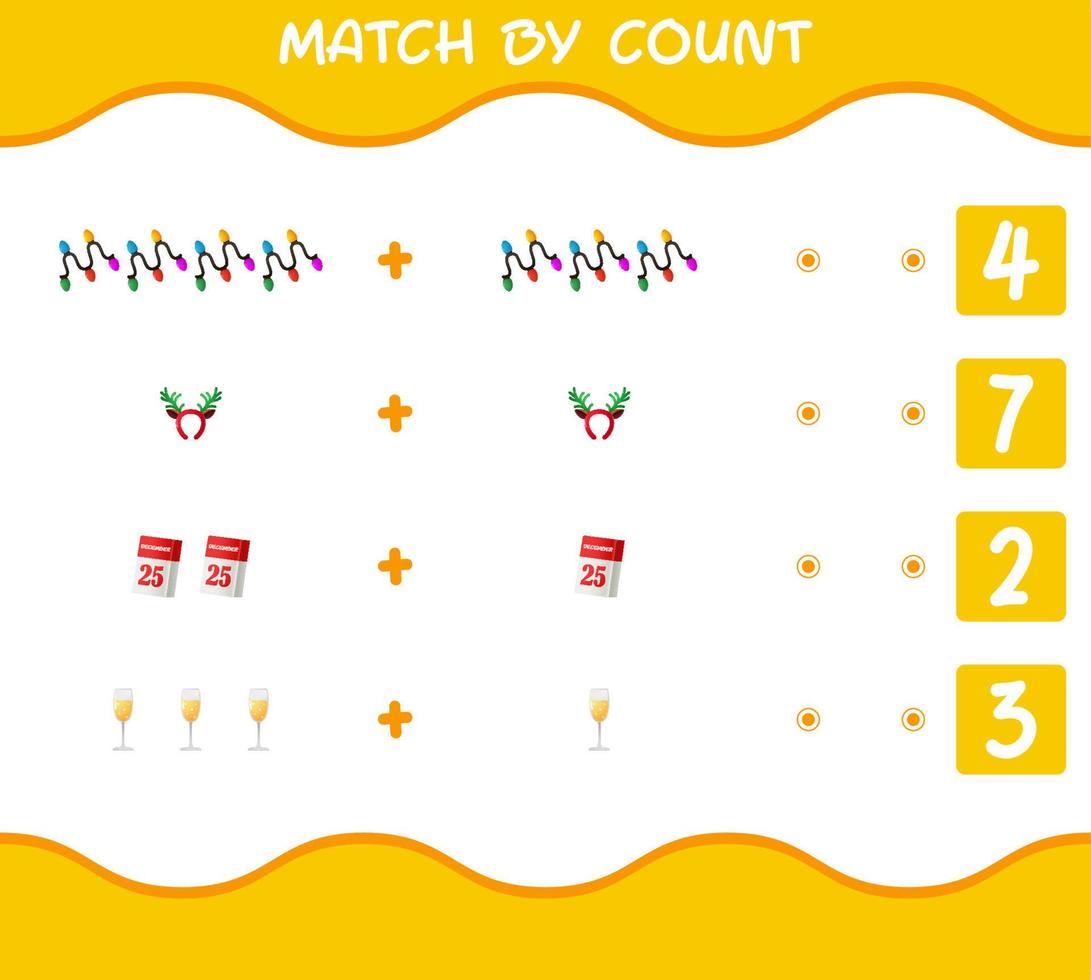 Match by count of cartoon christmas. . Match and count game. Educational game for pre shool years kids and toddlers vector