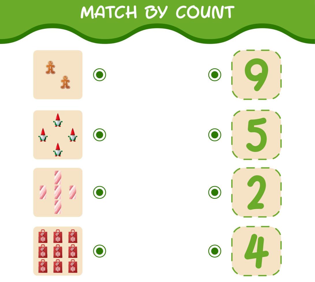 Match by count of cartoon christmas. . Match and count game. Educational game for pre shool years kids and toddlers vector