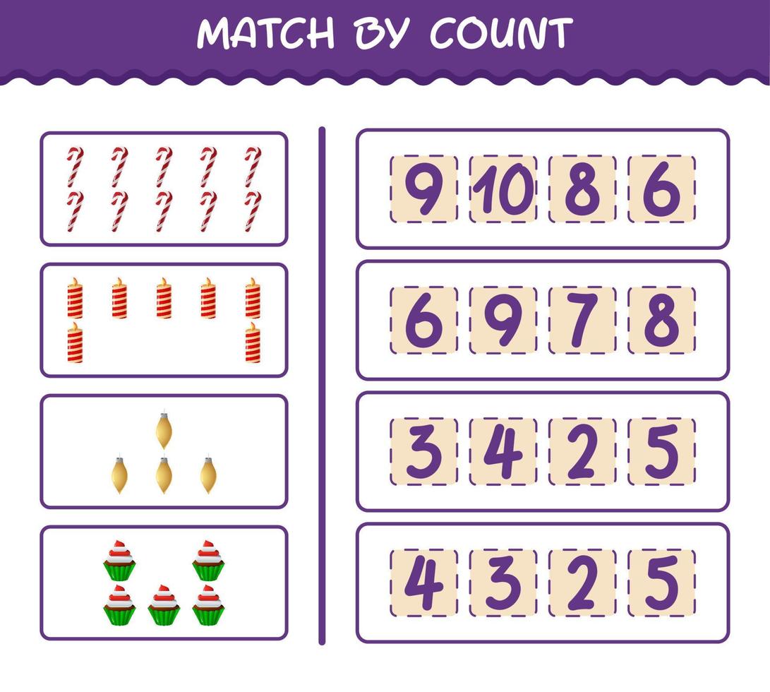 Match by count of cartoon christmas. . Match and count game. Educational game for pre shool years kids and toddlers vector