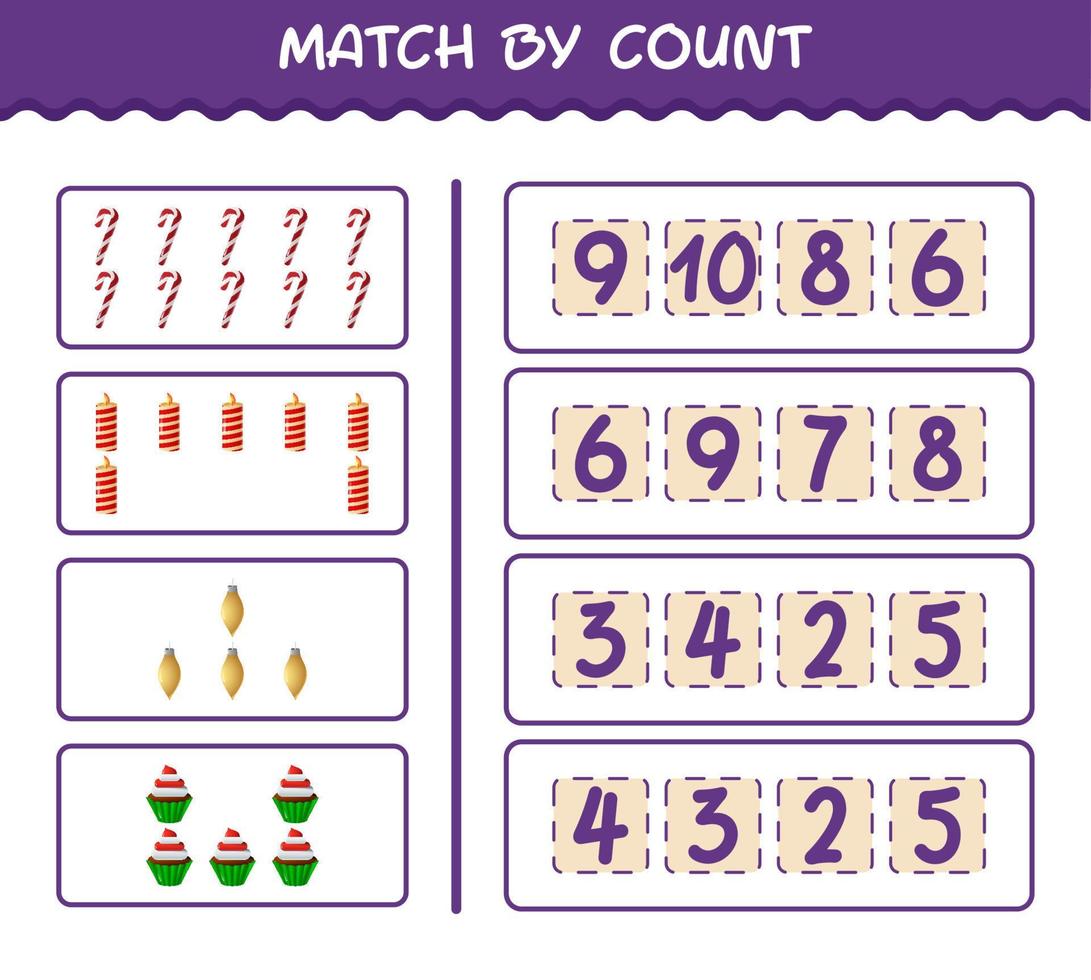 emparejar por conteo de dibujos animados de navidad. . juego de emparejar y contar. juego educativo para niños y niños pequeños en edad preescolar vector