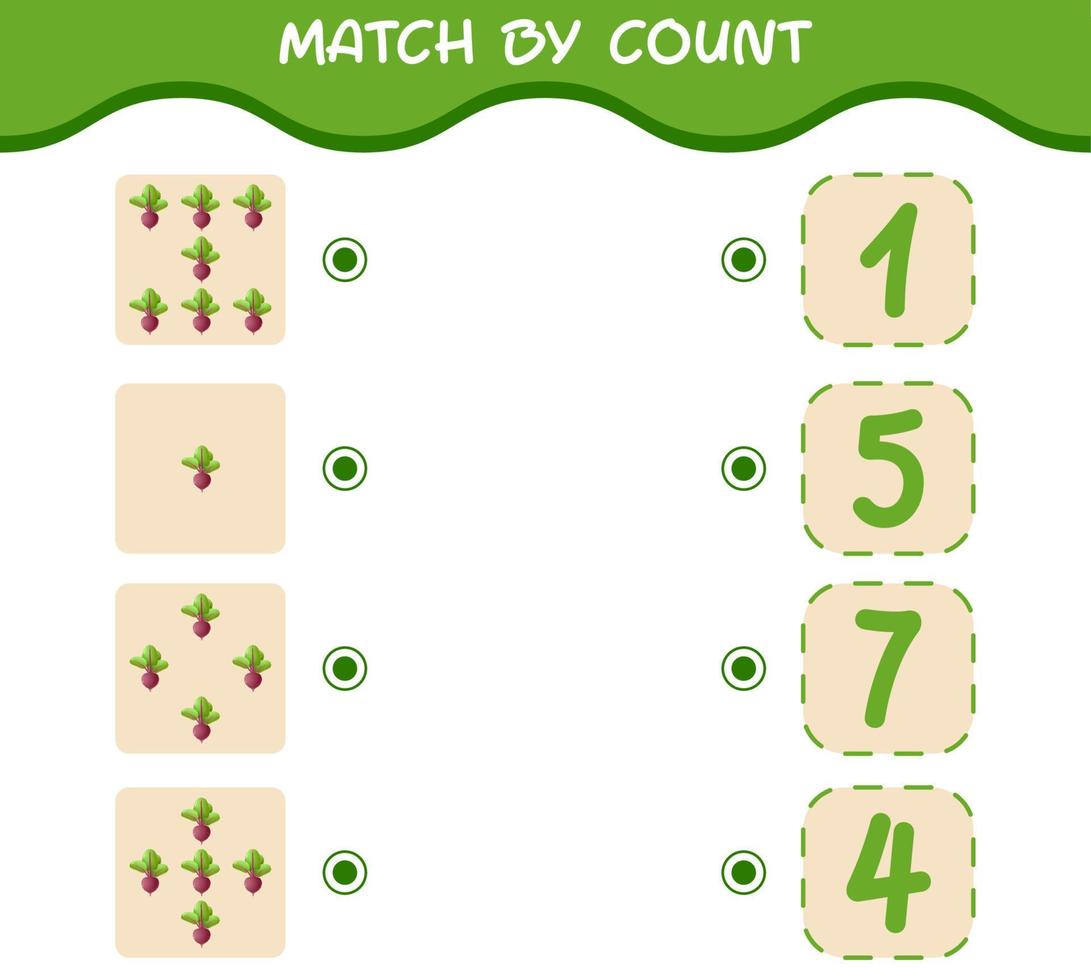Match by count of cartoon beet. Match and count game. Educational game for pre shool years kids and toddlers vector