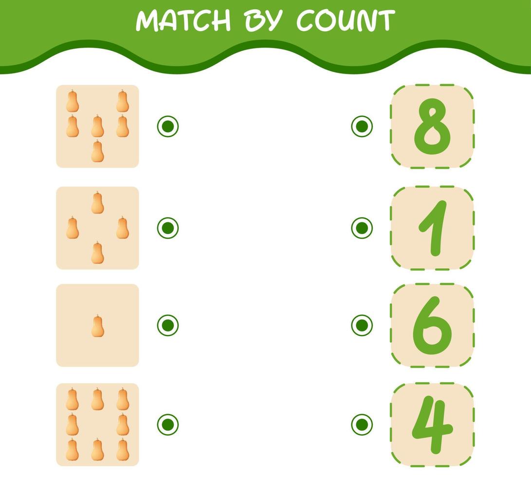 Match by count of cartoon butternut squash. Match and count game. Educational game for pre shool years kids and toddlers vector