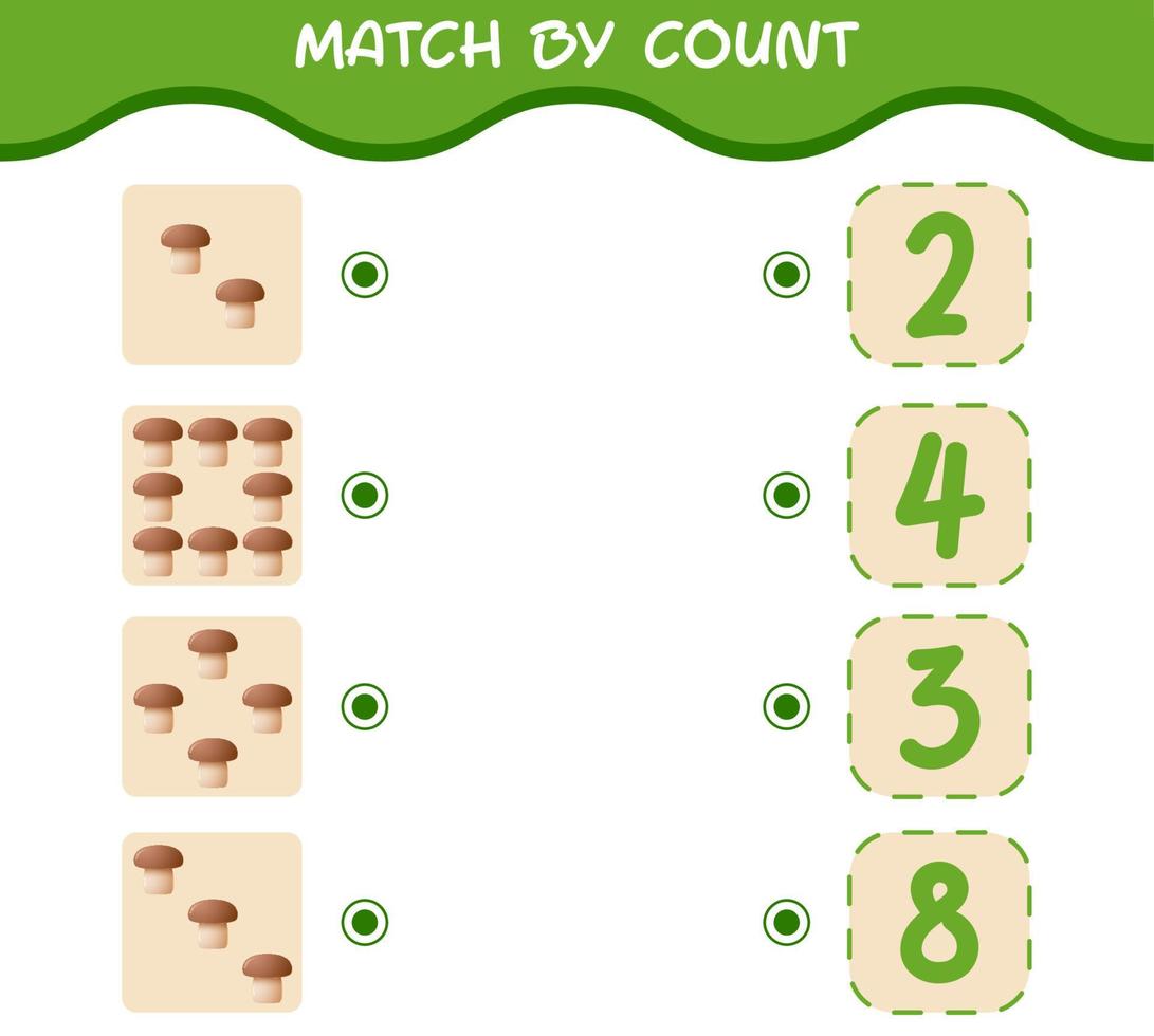 Match by count of cartoon mushroom. Match and count game. Educational game for pre shool years kids and toddlers vector