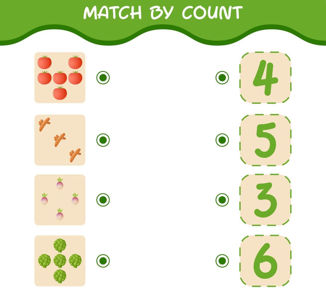 Match by count of cartoon vegetables. Match and count game. Educational game for pre shool years kids and toddlers vector