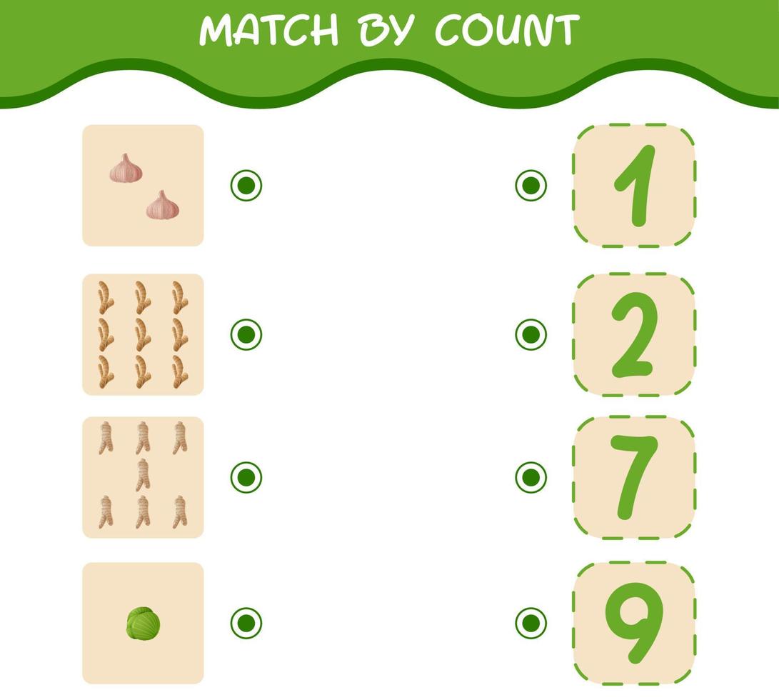 Match by count of cartoon vegetables. Match and count game. Educational game for pre shool years kids and toddlers vector