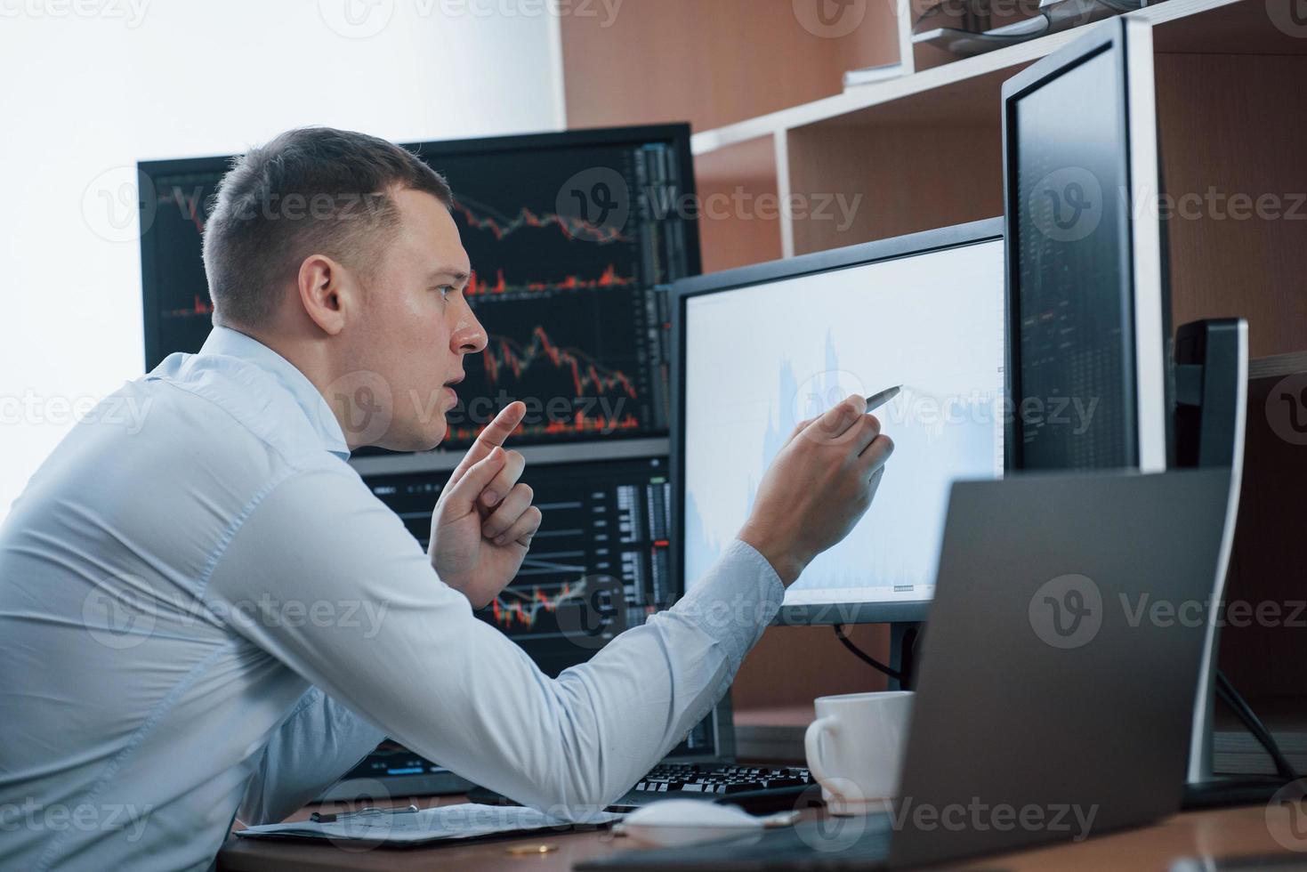 Attention to details. Man working online in the office with multiple computer screens in index charts photo