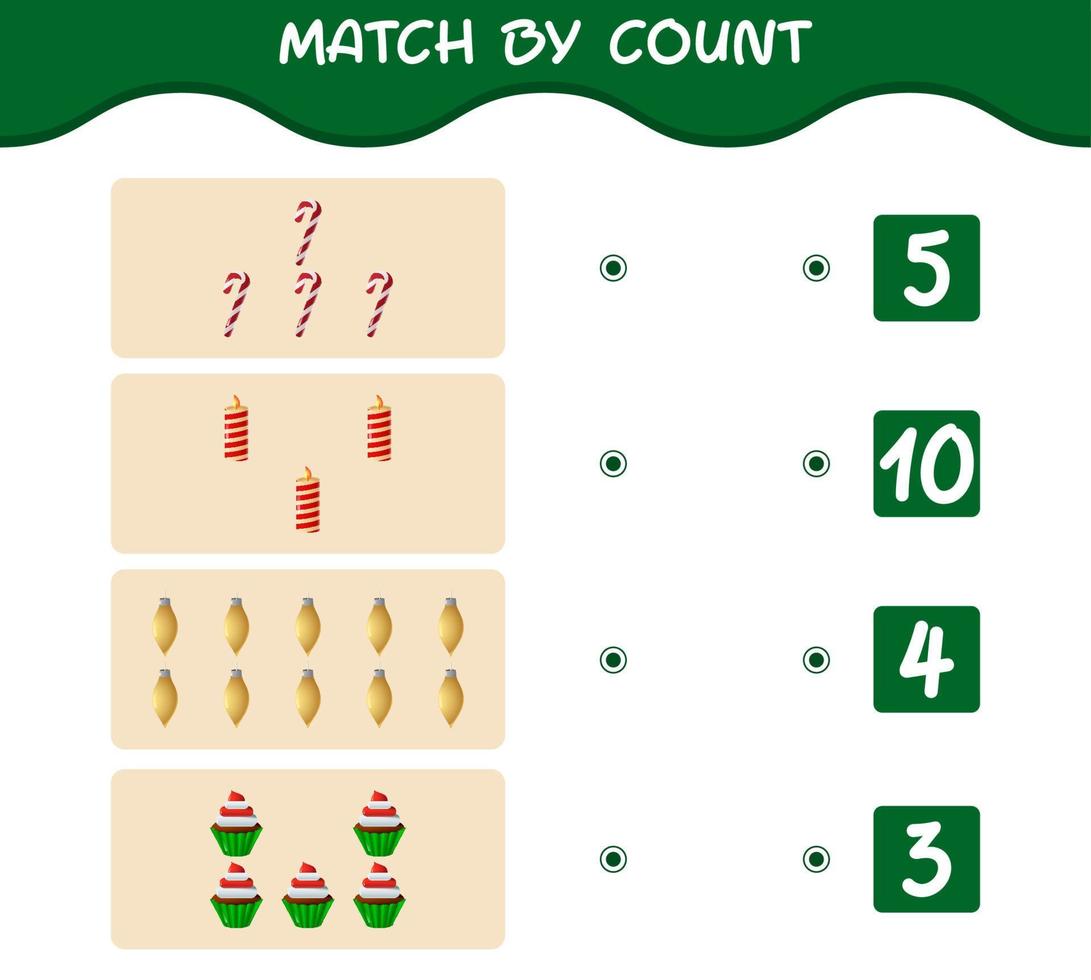 Match by count of cartoon christmas. . Match and count game. Educational game for pre shool years kids and toddlers vector