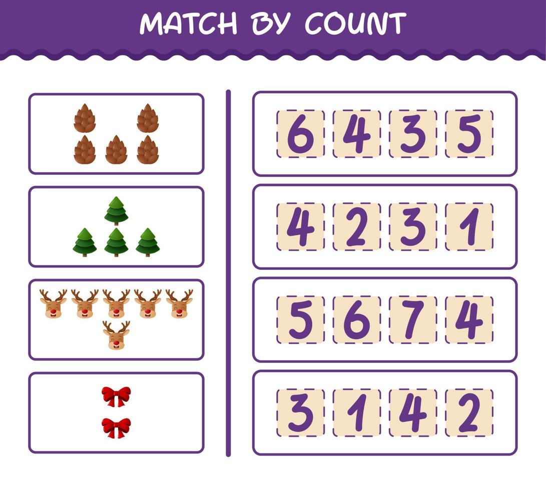 Match by count of cartoon christmas. . Match and count game. Educational game for pre shool years kids and toddlers vector