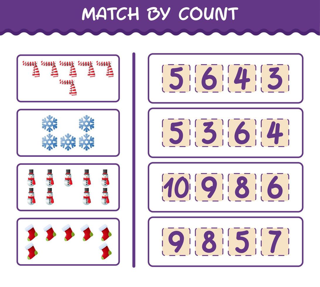 Match by count of cartoon christmas. . Match and count game. Educational game for pre shool years kids and toddlers vector