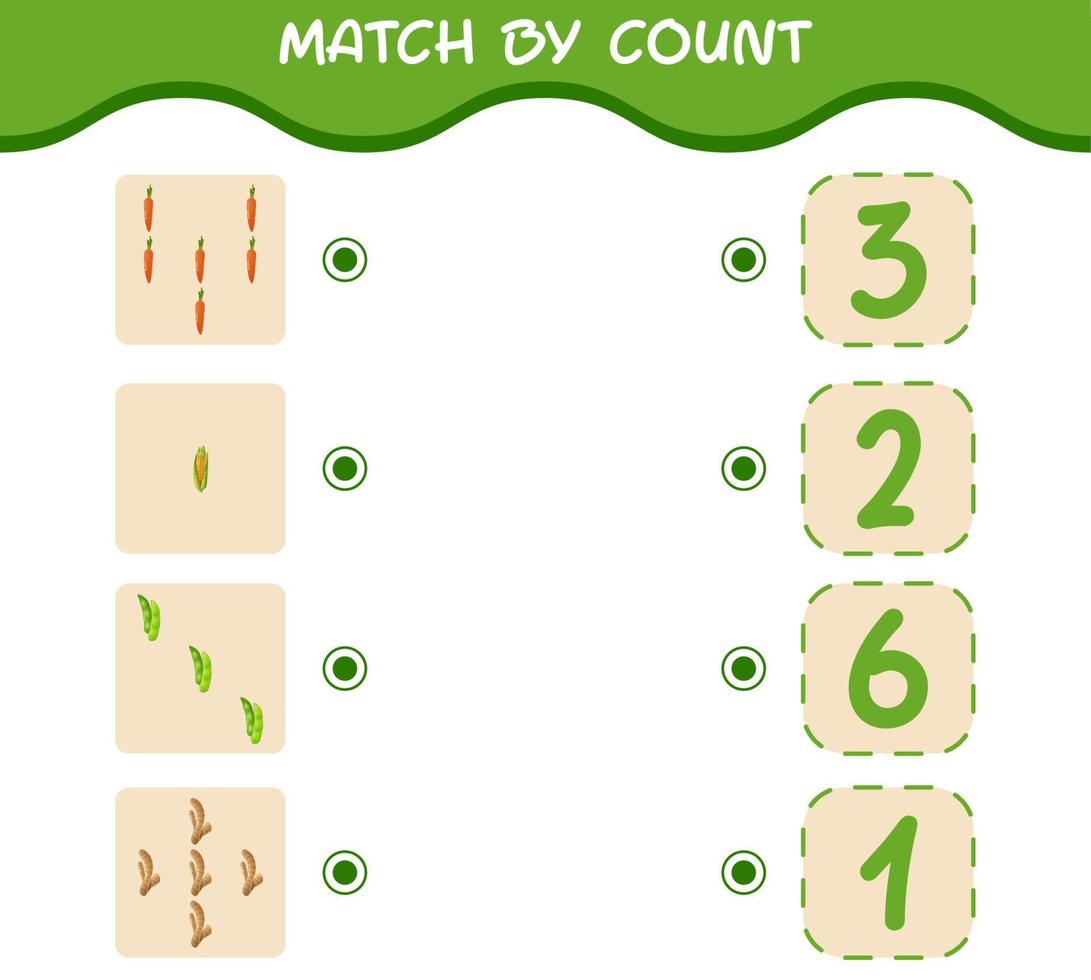 Match by count of cartoon vegetables. Match and count game. Educational game for pre shool years kids and toddlers vector