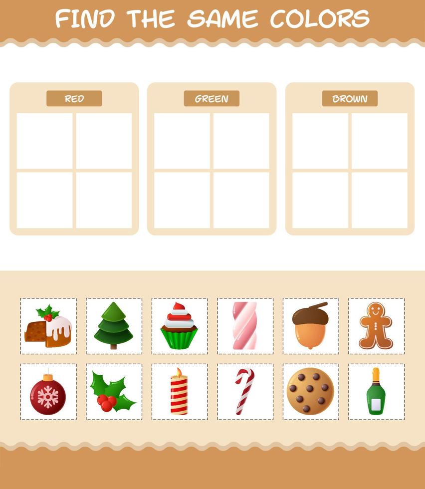 encontrar los mismos colores de navidad. juego de búsqueda y combinación. juego educativo para niños de edad preescolar y niños pequeños vector