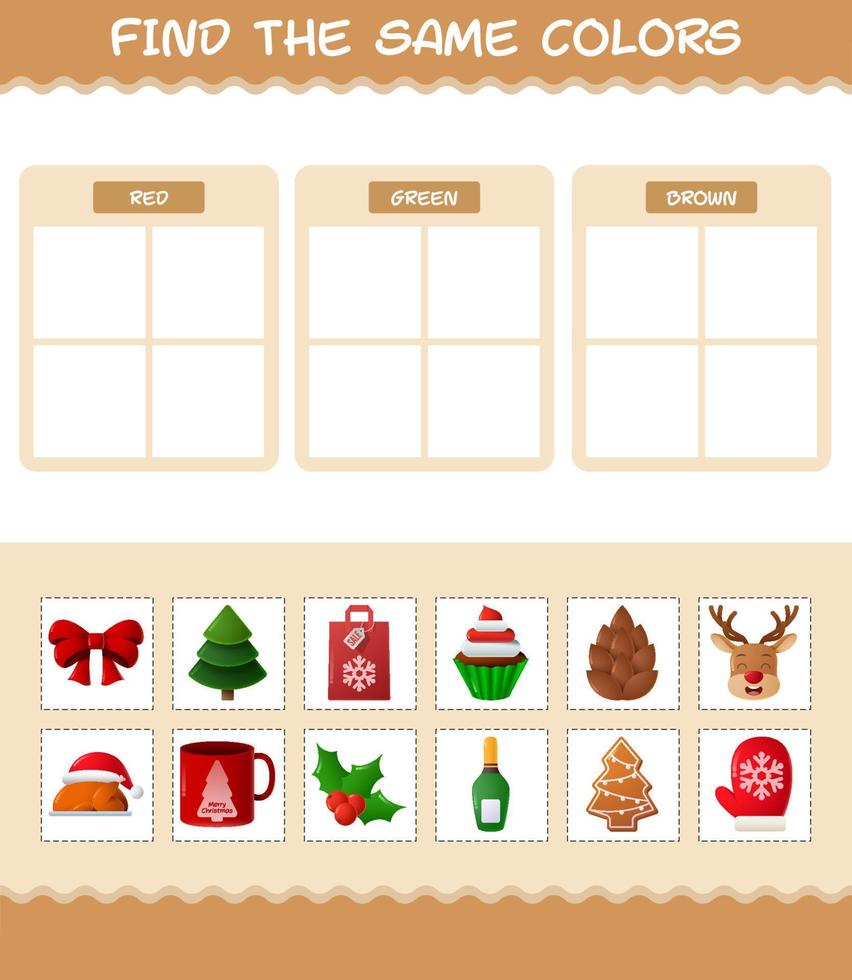 encontrar los mismos colores de navidad. juego de búsqueda y combinación. juego educativo para niños de edad preescolar y niños pequeños vector