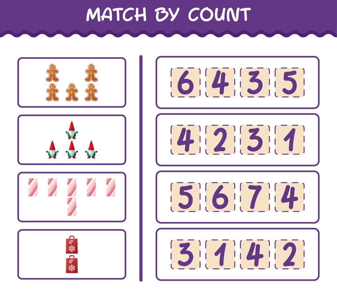 Match by count of cartoon christmas. . Match and count game. Educational game for pre shool years kids and toddlers vector