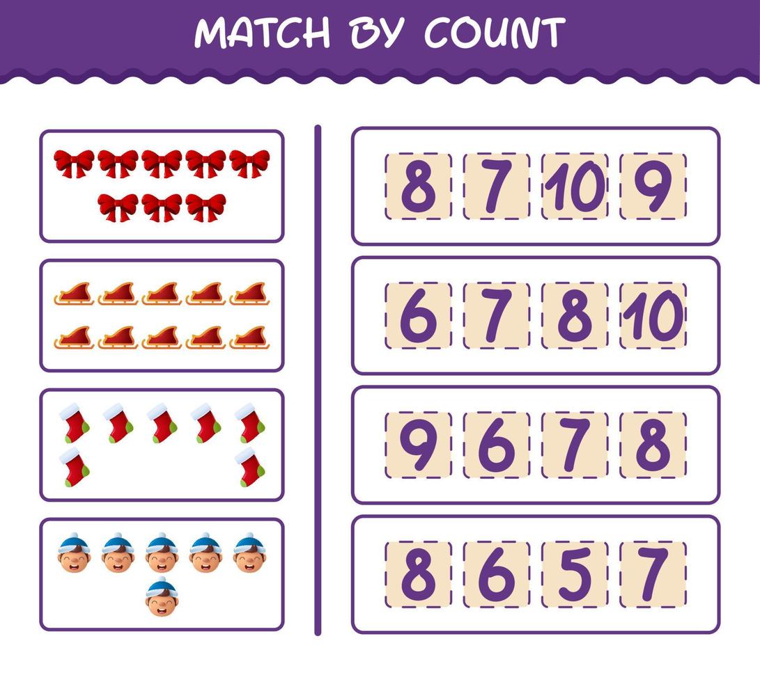 Match by count of cartoon christmas. . Match and count game. Educational game for pre shool years kids and toddlers vector