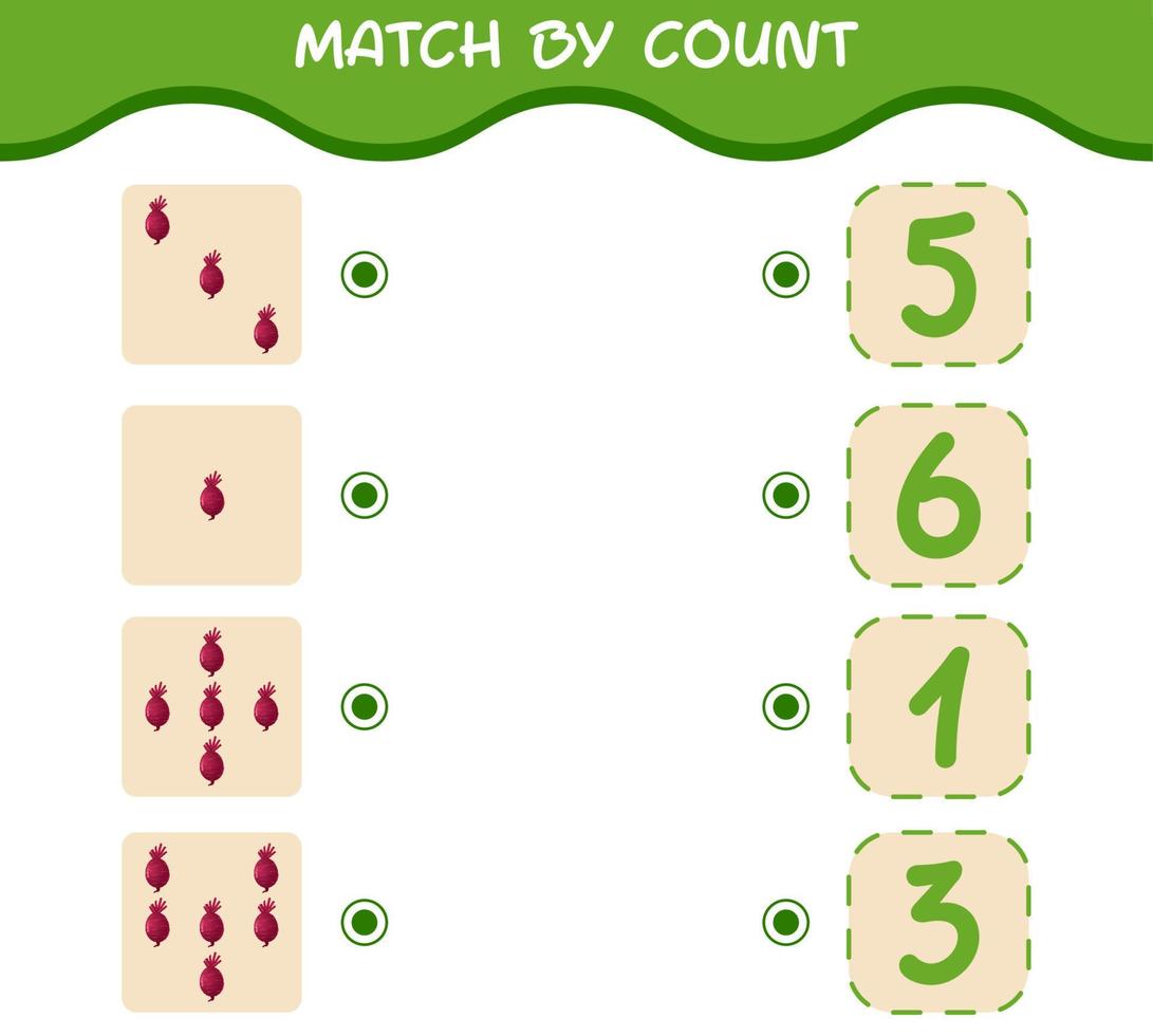Match by count of cartoon beet. Match and count game. Educational game for pre shool years kids and toddlers vector