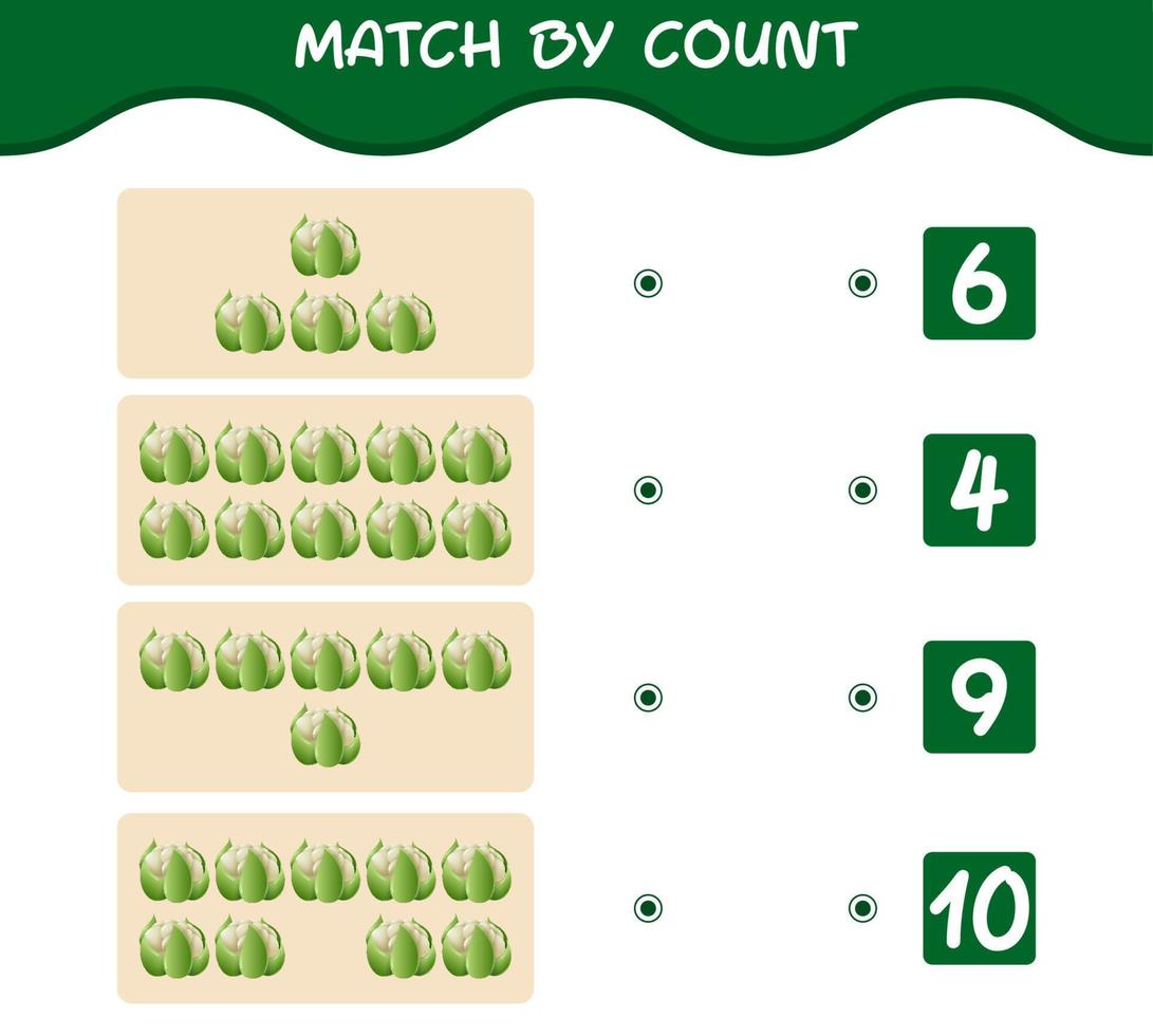 coincidencia por conteo de coliflor de dibujos animados. juego de emparejar y contar. juego educativo para niños de edad preescolar y niños pequeños vector