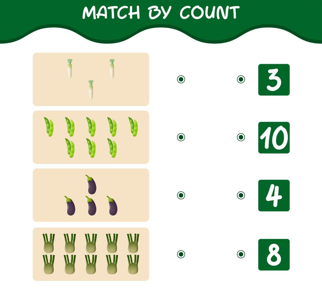 Match by count of cartoon vegetables. Match and count game. Educational game for pre shool years kids and toddlers vector