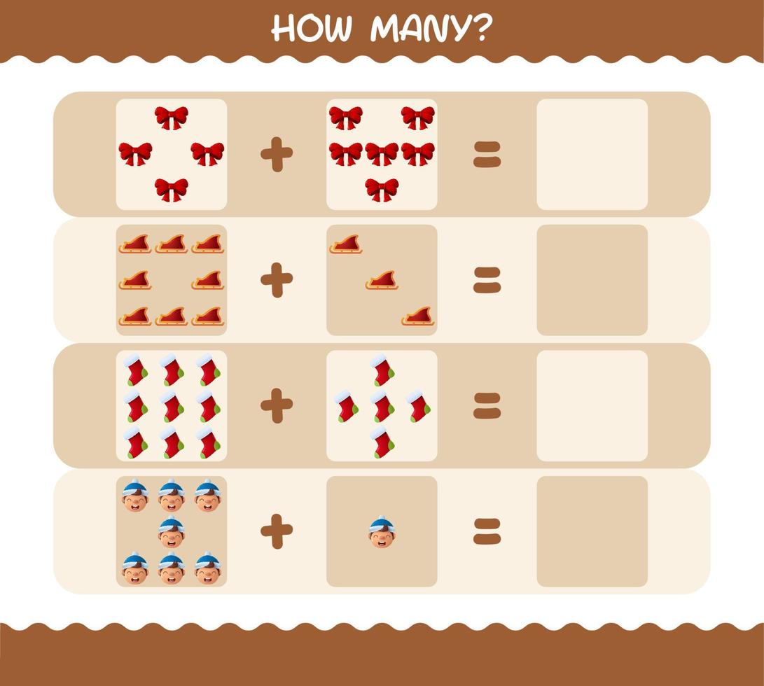 How many cartoon christmas. Counting game. Educational game for pre shool years kids and toddlers vector