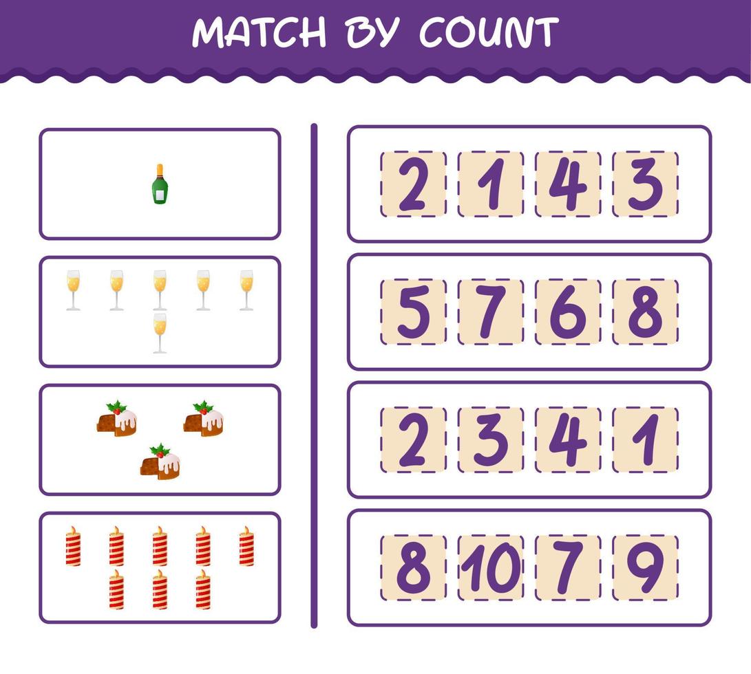 Match by count of cartoon christmas. . Match and count game. Educational game for pre shool years kids and toddlers vector
