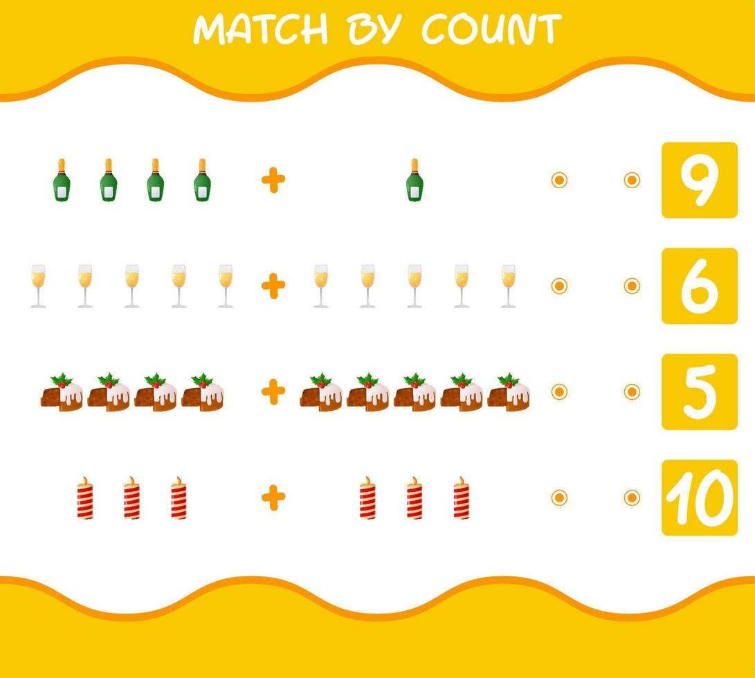 Match by count of cartoon christmas. . Match and count game. Educational game for pre shool years kids and toddlers vector