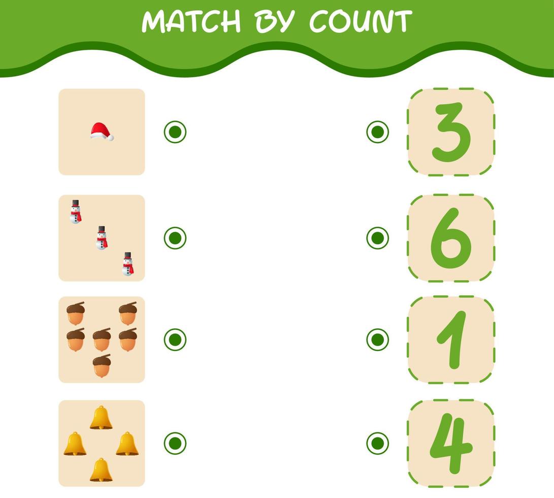 Match by count of cartoon christmas. . Match and count game. Educational game for pre shool years kids and toddlers vector