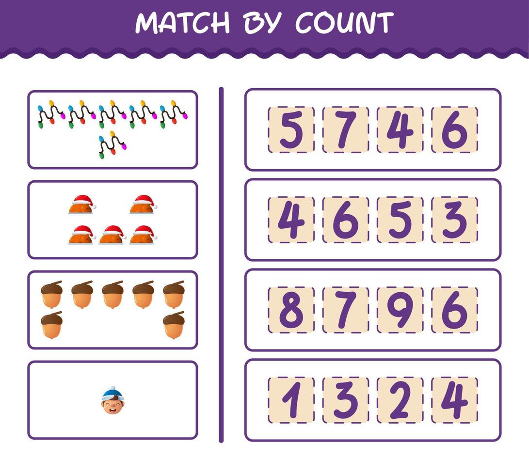 Match by count of cartoon christmas. . Match and count game. Educational game for pre shool years kids and toddlers vector