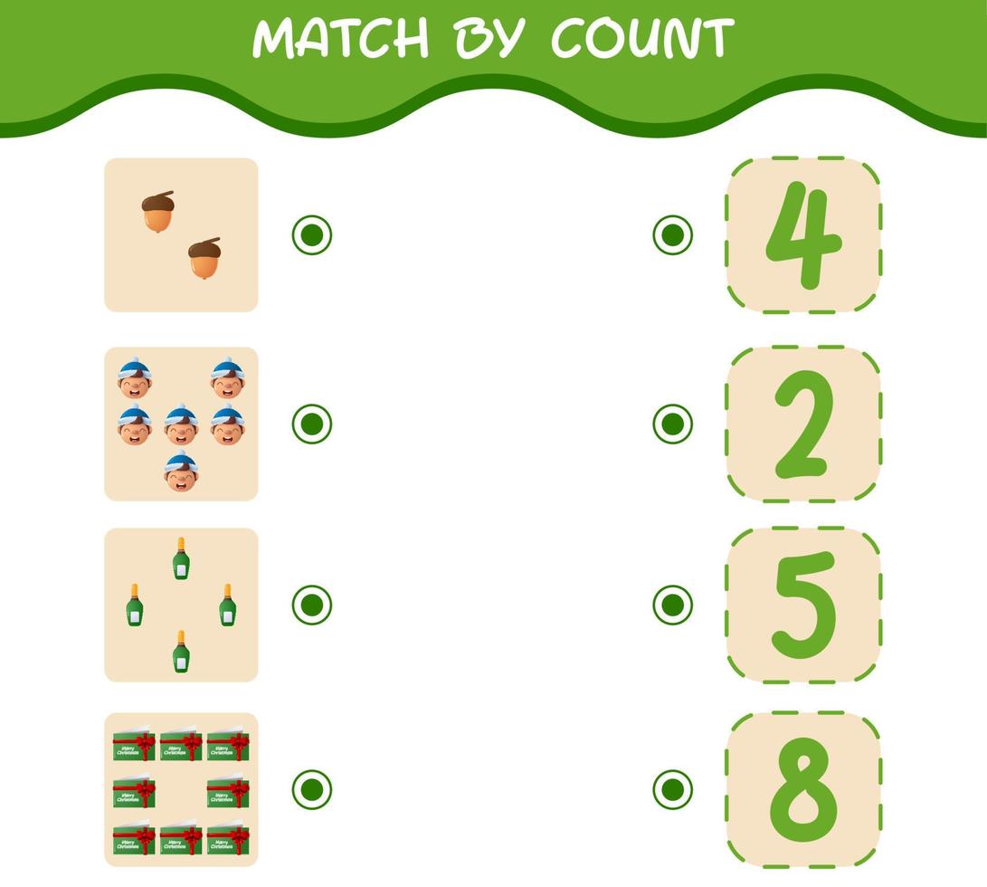 Match by count of cartoon christmas. . Match and count game. Educational game for pre shool years kids and toddlers vector