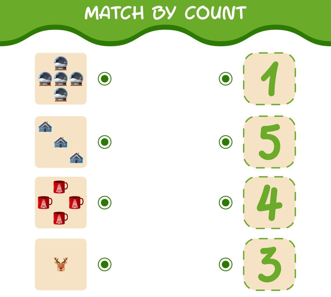 Match by count of cartoon christmas. . Match and count game. Educational game for pre shool years kids and toddlers vector