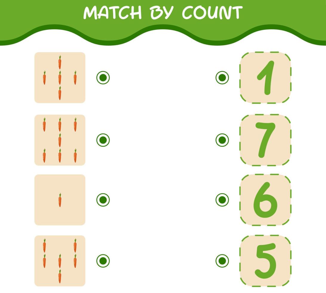 Match by count of cartoon carrot. Match and count game. Educational game for pre shool years kids and toddlers vector