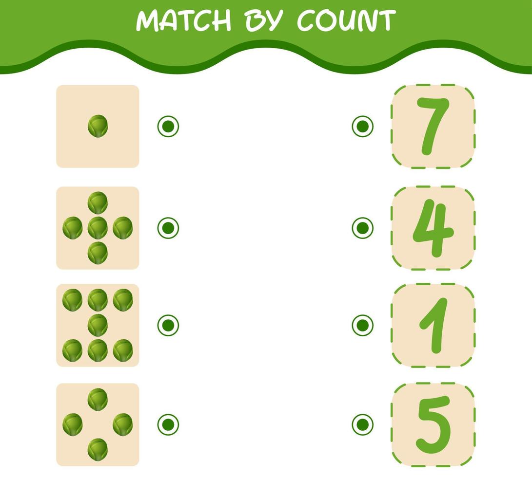 Match by count of cartoon brussels sprout. Match and count game. Educational game for pre shool years kids and toddlers vector