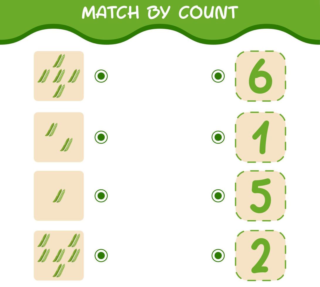 Match by count of cartoon green pea. Match and count game. Educational game for pre shool years kids and toddlers vector